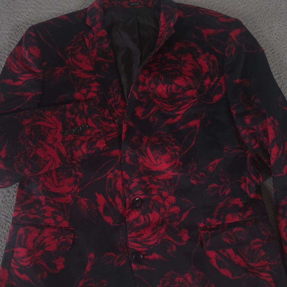 J.Ferrar Sport Coat Men 48R Red Black Floral Rose Slim Fit Cotton Stretch Blazer
